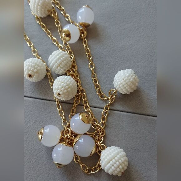 J. Crew Gold Tone White beaded & Orb long Necklace 32" - Picture 3 of 8